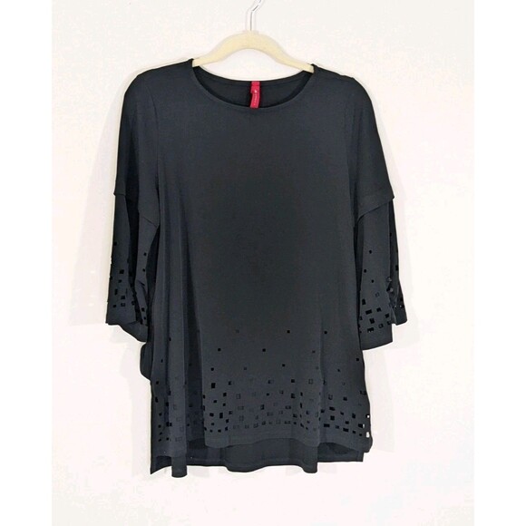 IC by Connie K Womens Black Laser Cutout Hem Detail Tunic Top Liquid Knit Sz M - Picture 1 of 8